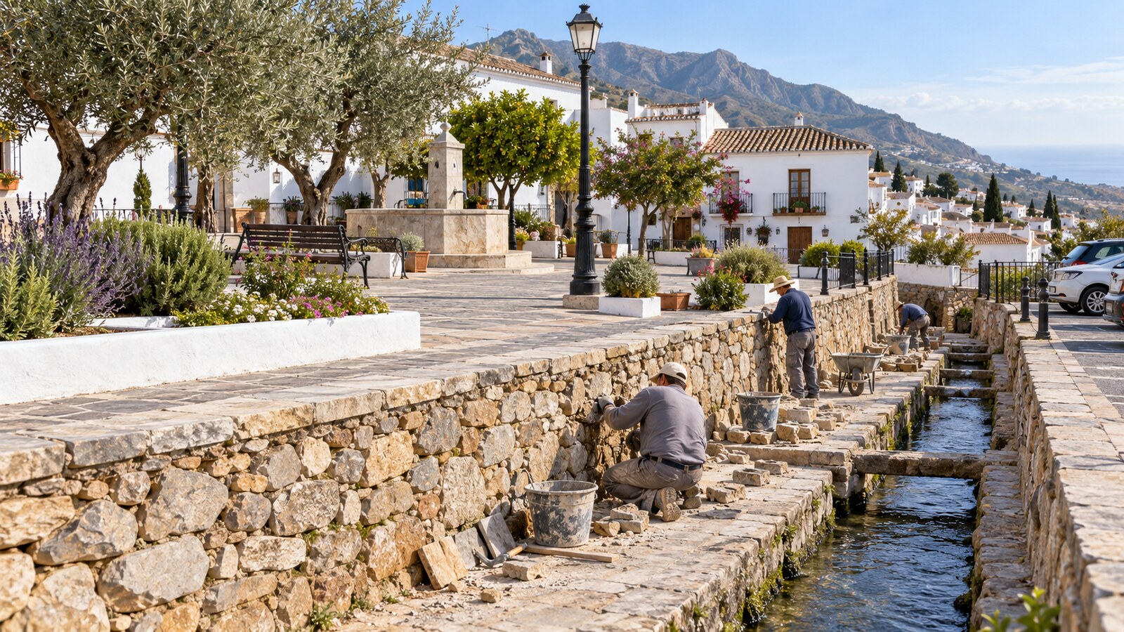 Maro rehabilita el muro y la acequia de su plaza con una intervención de 44.528 euros